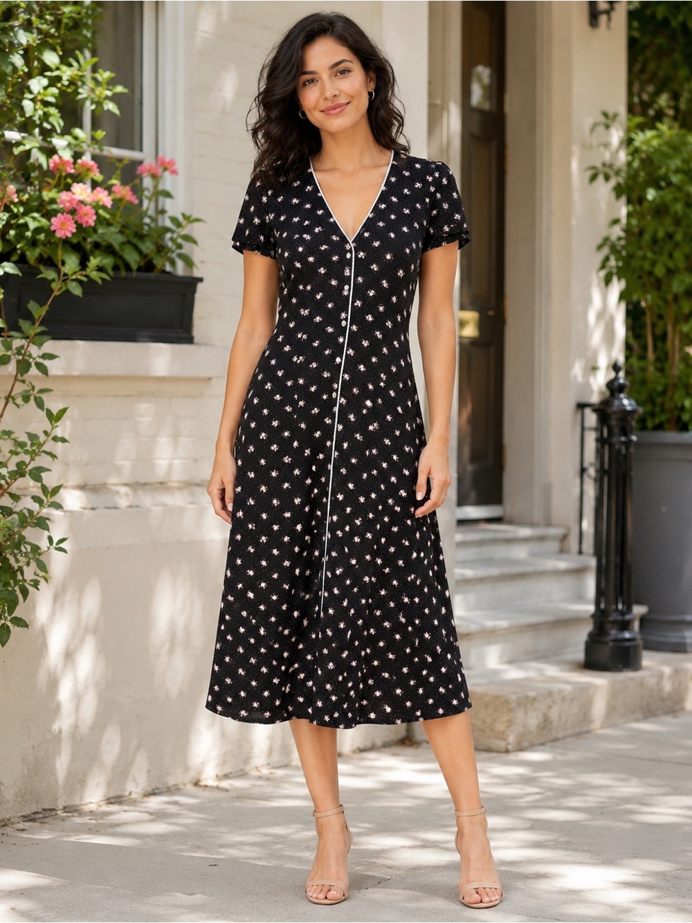 Tommy Hilfiger Black Floral V‑Neck Midi Dress